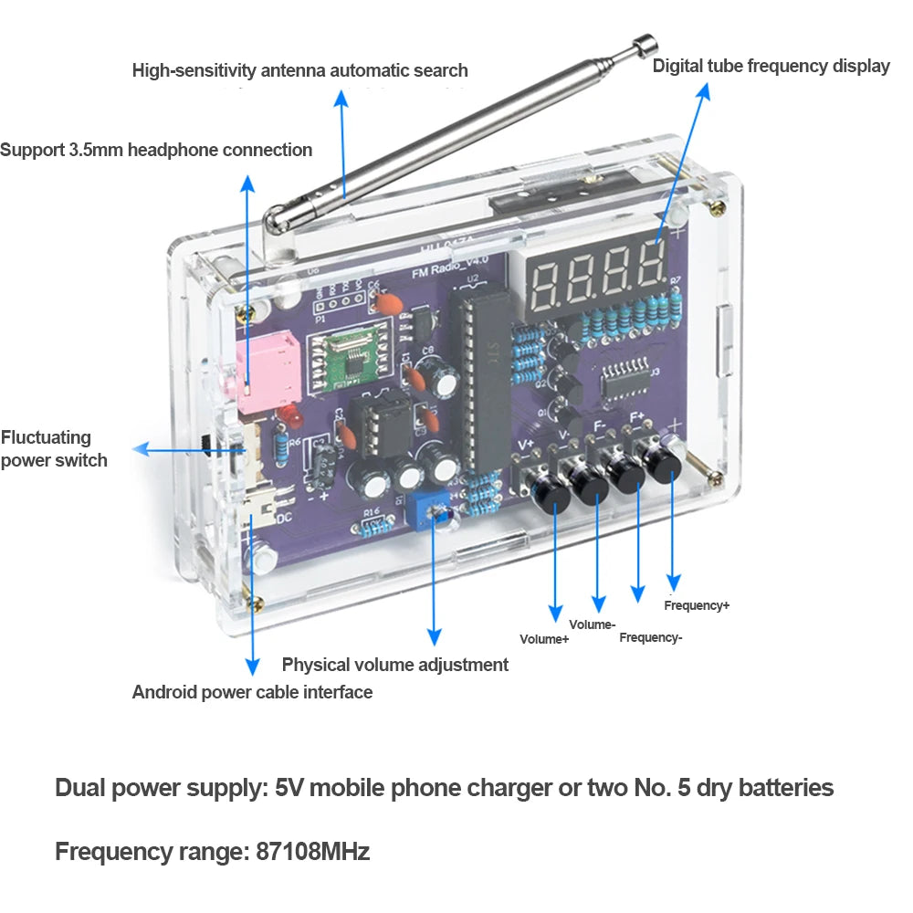 HU-017A RDA5807S Radio Receiver Module Kits FM Electronic DIY Circuits Parts Digital Tube Display 87-108MHz Dual Power Supply